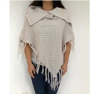 Say What?~White Neutral Waffle Knit Fringe Large Collar Poncho